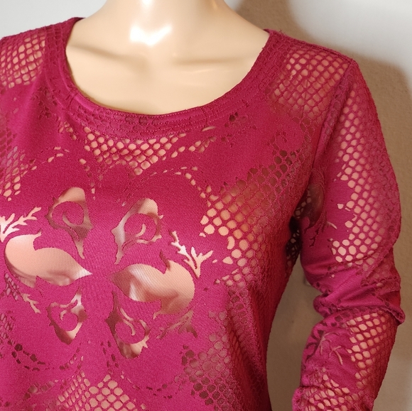 CACHE Burnout Sheer Maroon Long Sleeve Shirt Size Small - Picture 4 of 15